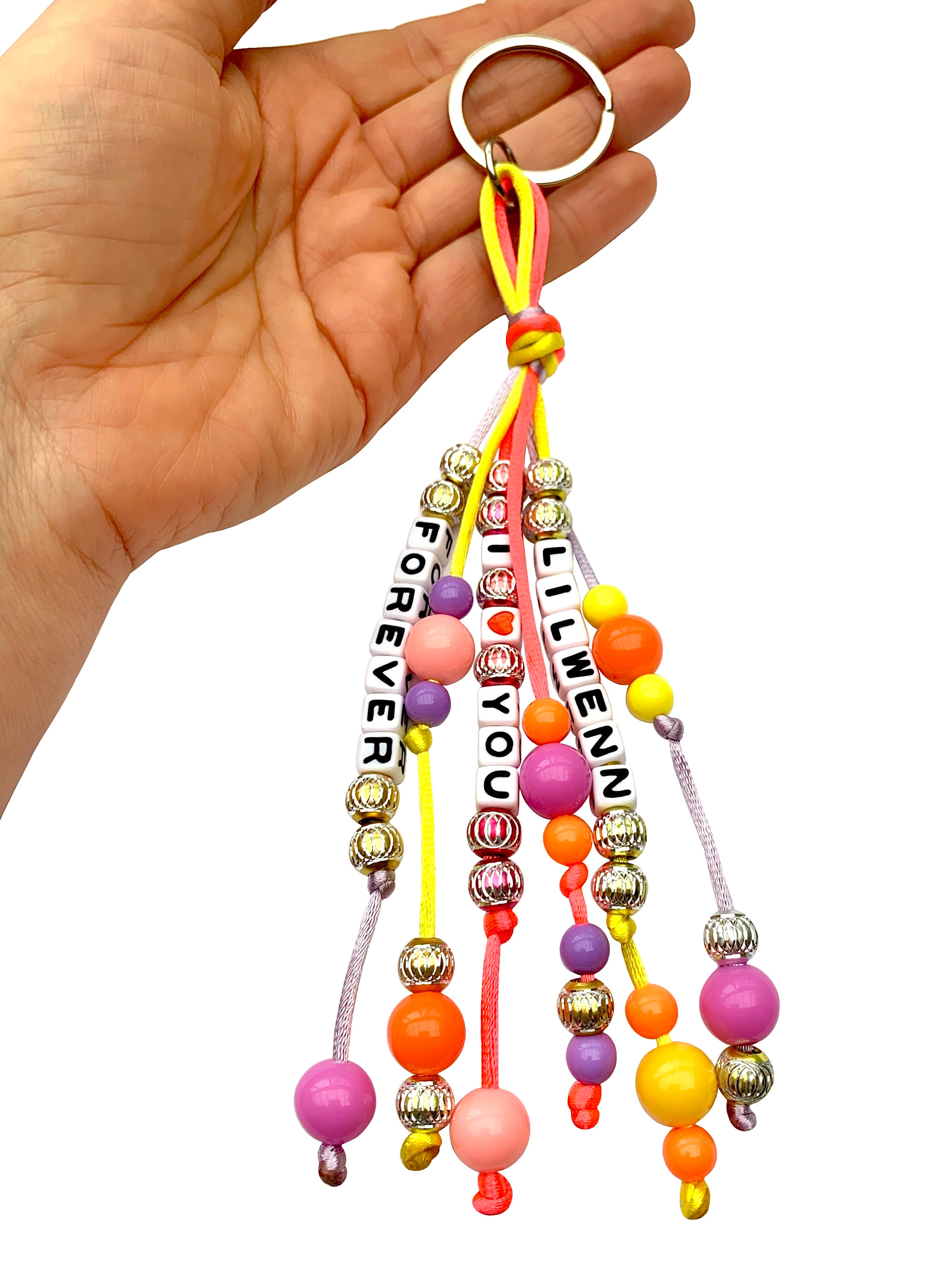 Porte clés personnalisable multicolore LILWENN I LOVE YOU FOREVER avec message prénom texte