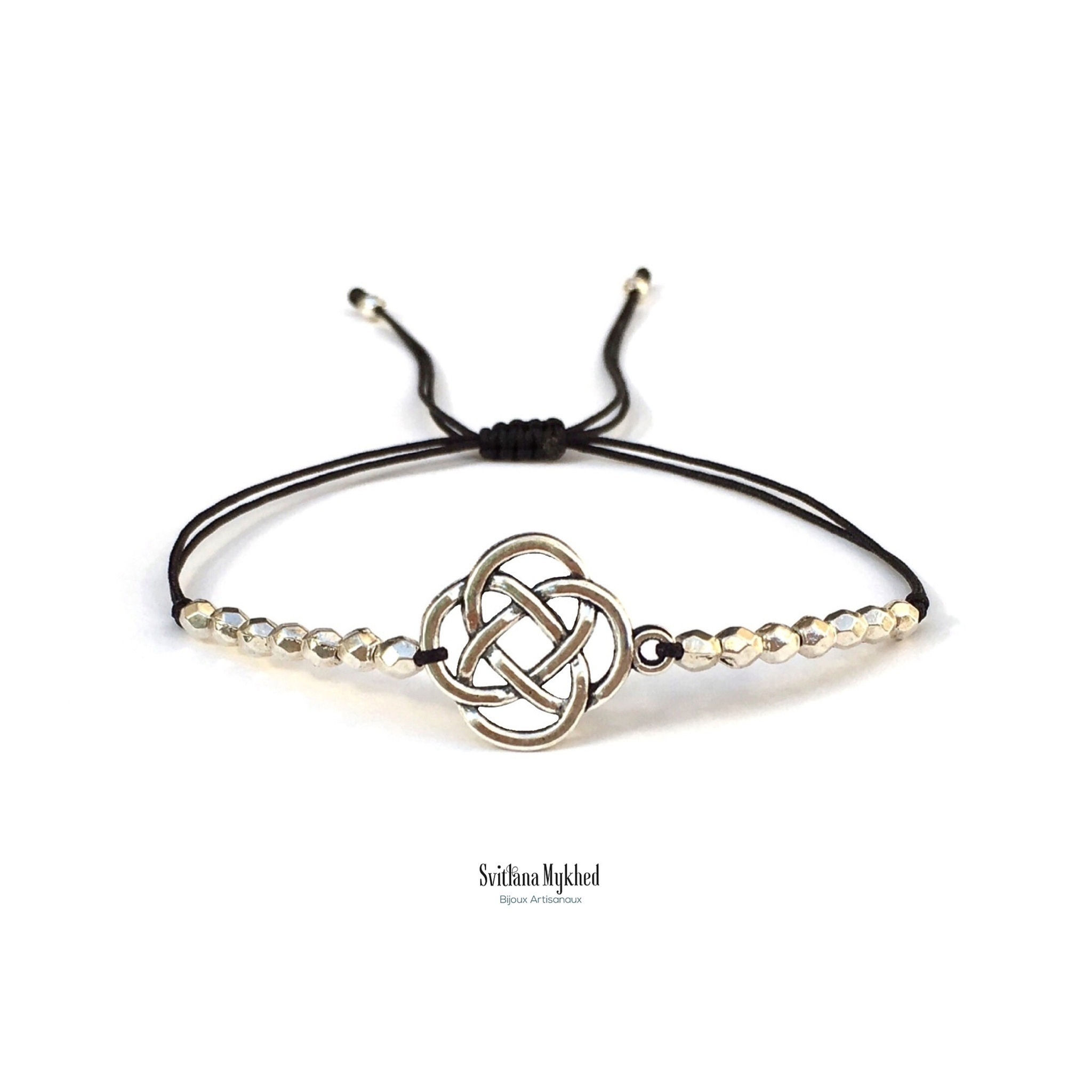 Bracelet personnalisé motif Noeud Celtique Celtic Perles tibétaines Cordon satin bijoux ethniques homme femme enfant