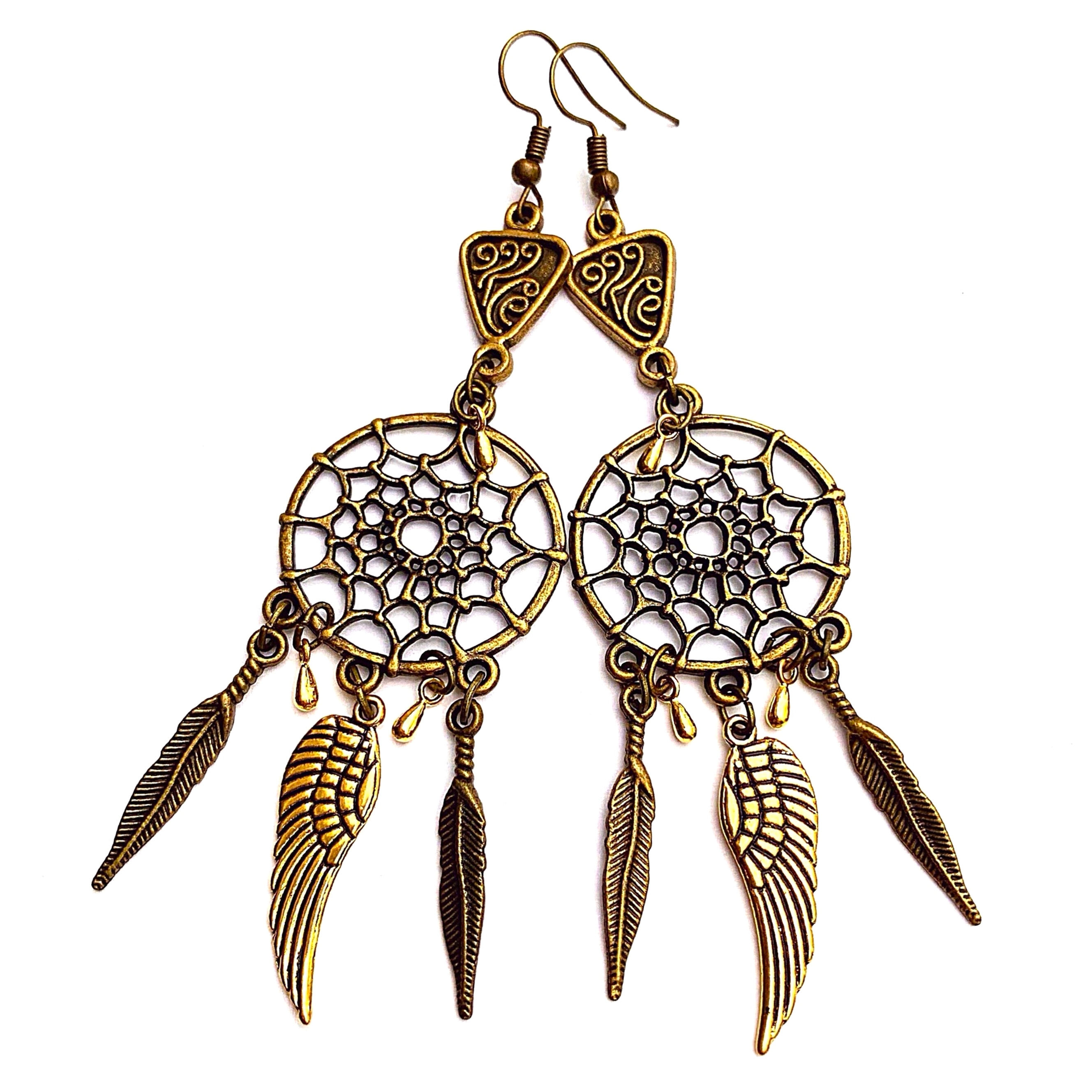 Longues Boucles d'oreilles bronze doré fantaisies style Amérindiens ATTRAPE RÊVES. DREAMCATCHER. PLUMES. AILES