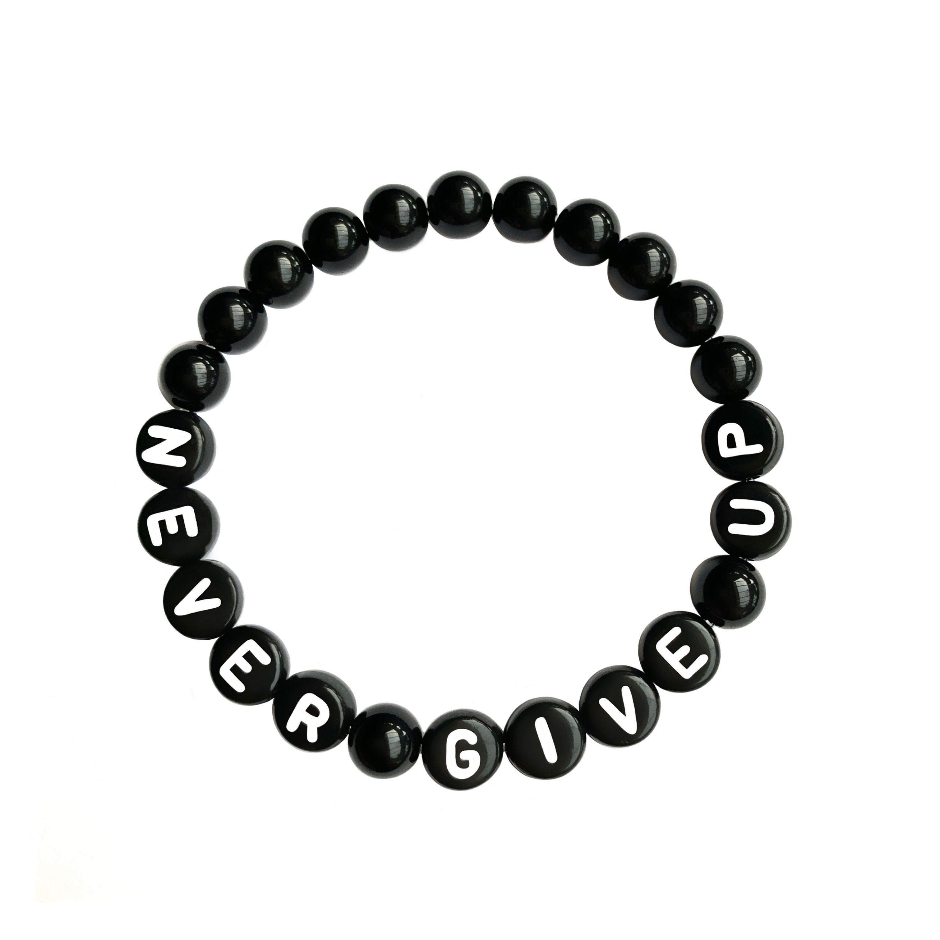 Bracelet pierre naturelle Agate Onyx NEVER GIVE UP personnalisé avec prénom message texte