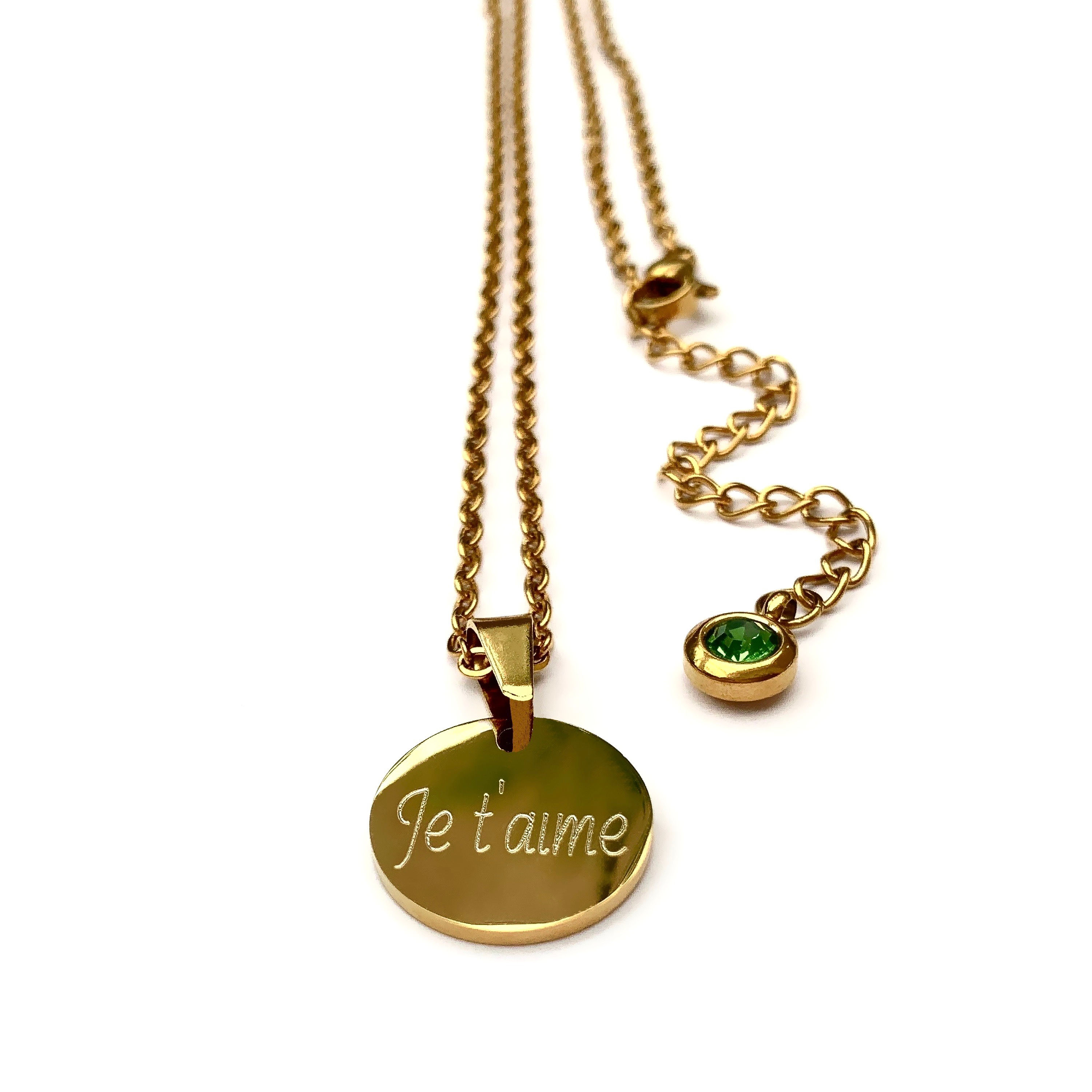 Chaîne Pendentif Médaille Personnalisé Je t’aime acier Inoxydable 15mm.  cristal pierre de naissance