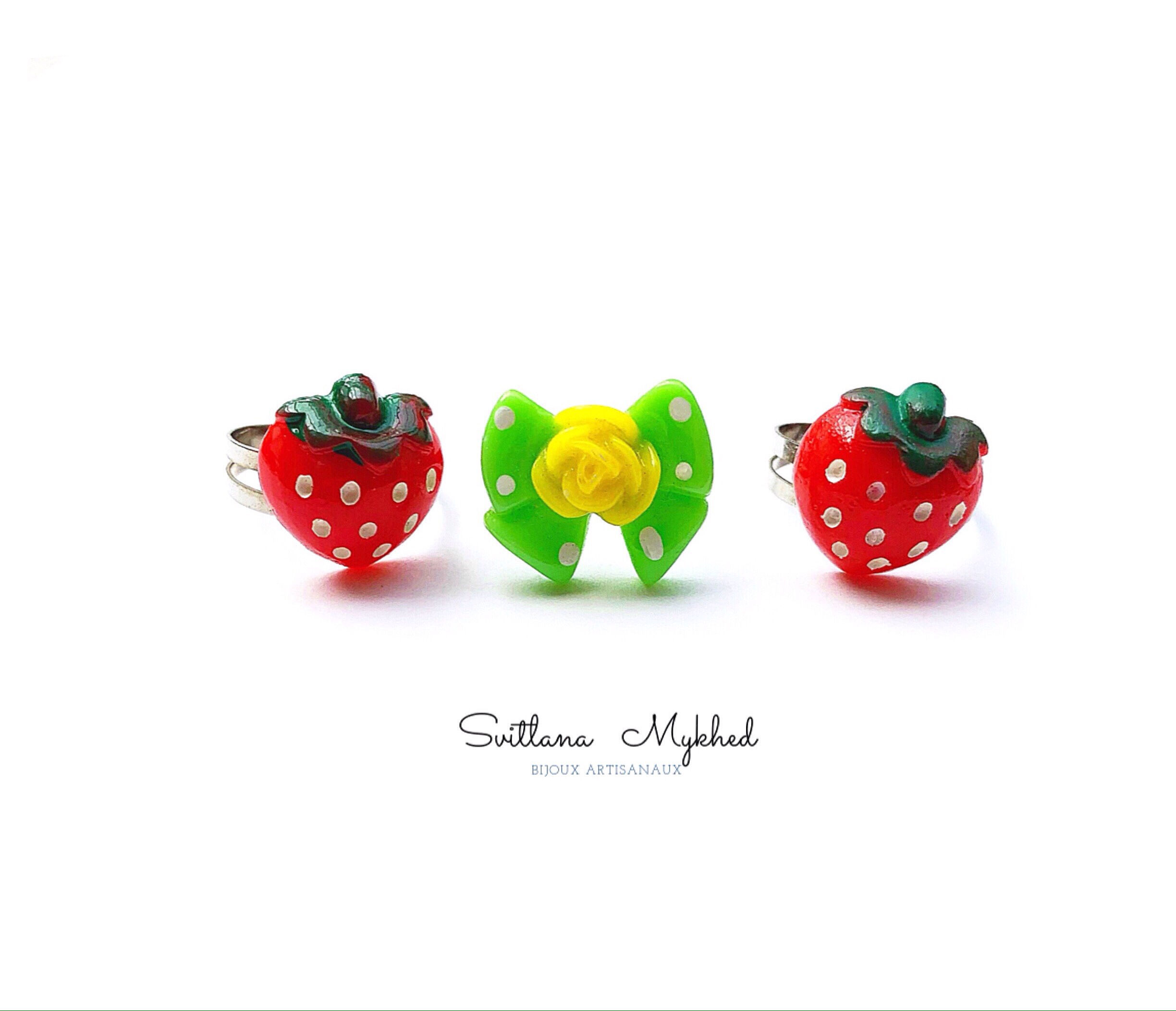Lot de 3 Bagues Ajustable FRAISES. NOEUD DE PAPILLON