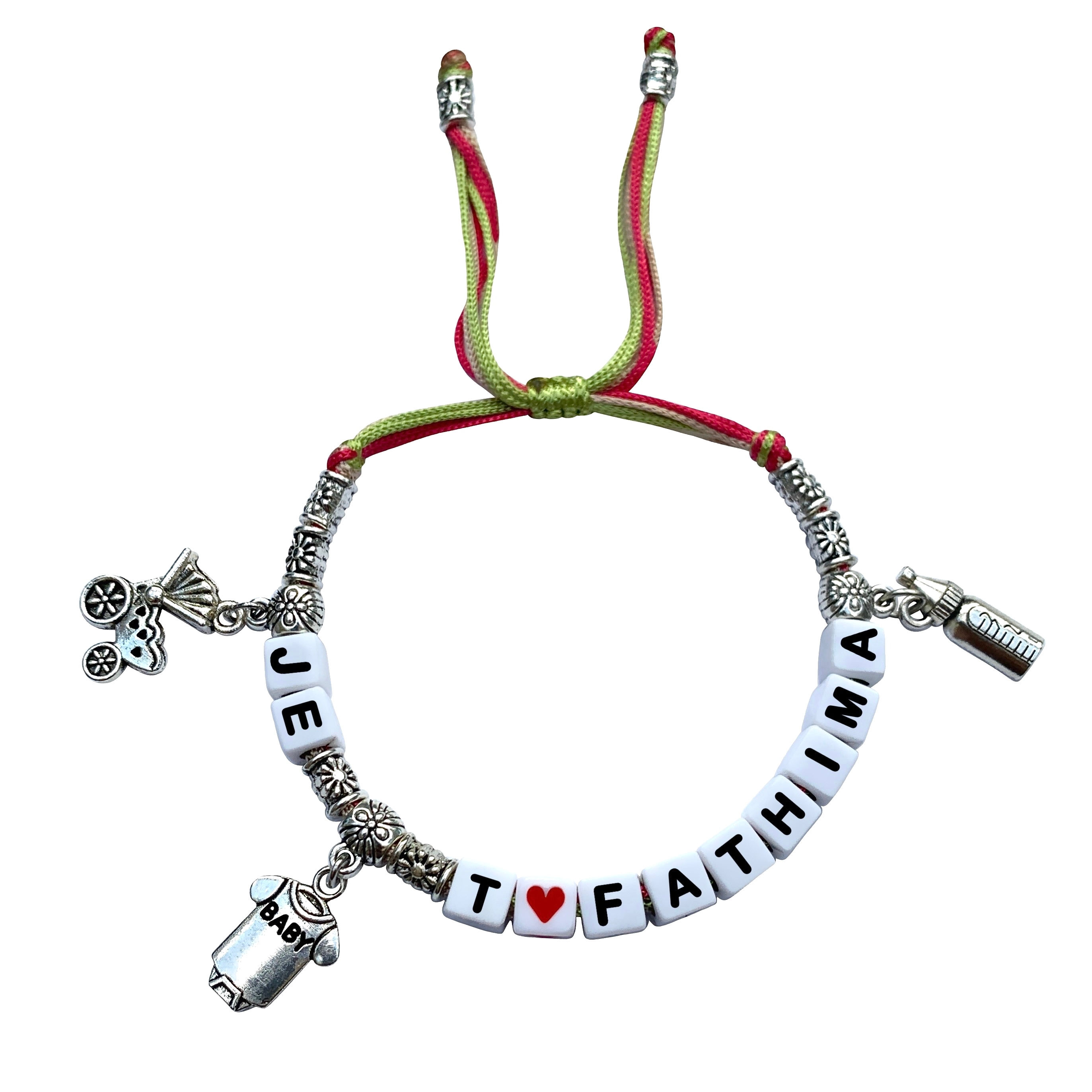 Bracelet personnalisable JE T'AIME FATHIMA +Poussette Bébé Biberon cadeau de naissance grossesse pour jaune maman
