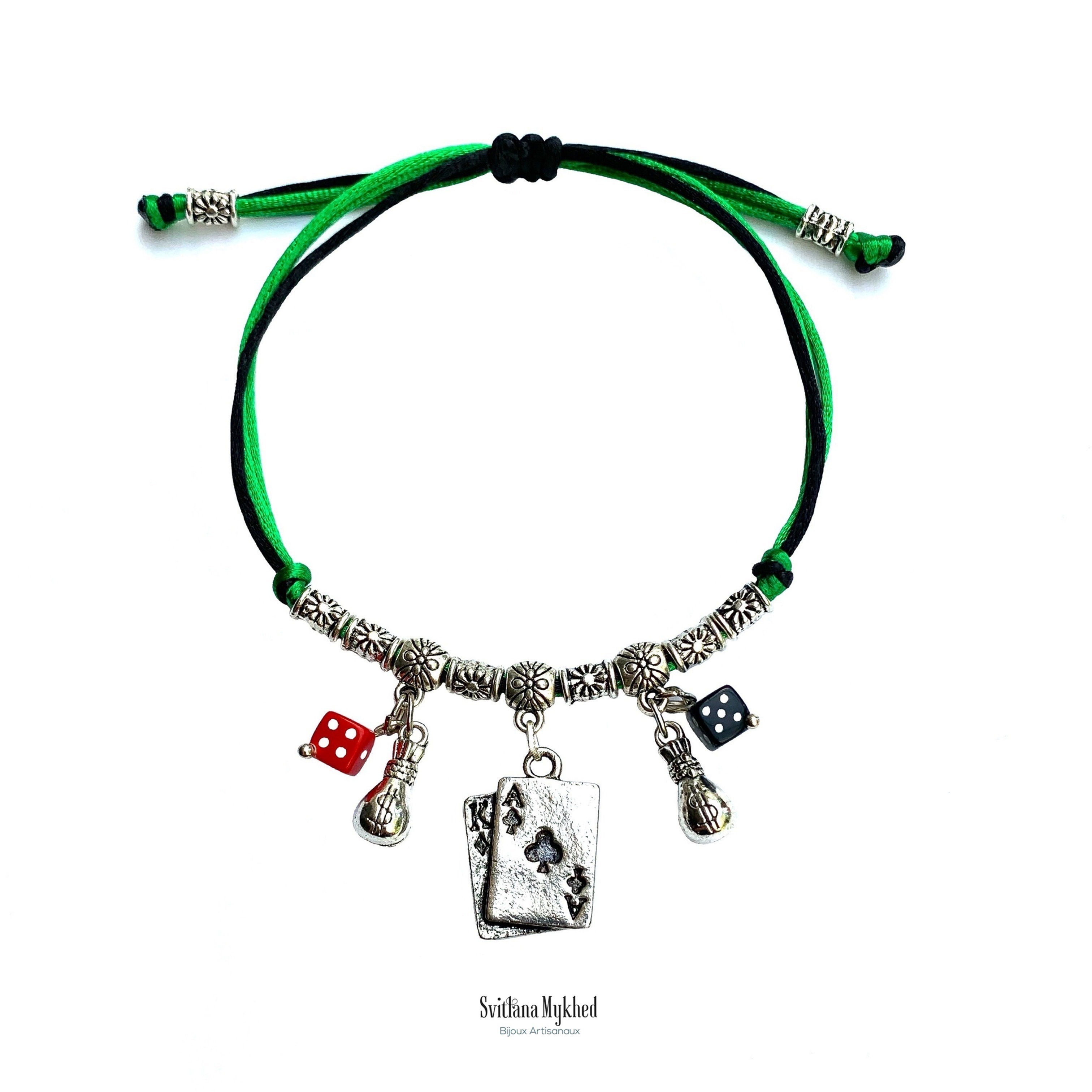 Bracelet Chance Jeux De Cartes Casino Jackpot Machine À Sous Poker Bingo Les Dés Perles tibétaines. Cordon satin