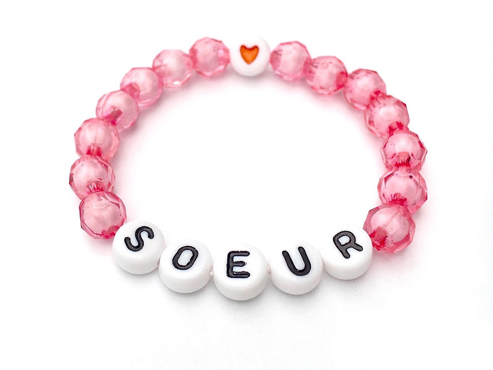 Bracelet réversible personnalisé SOEUR avec prénom message texte logo sur fil élastique