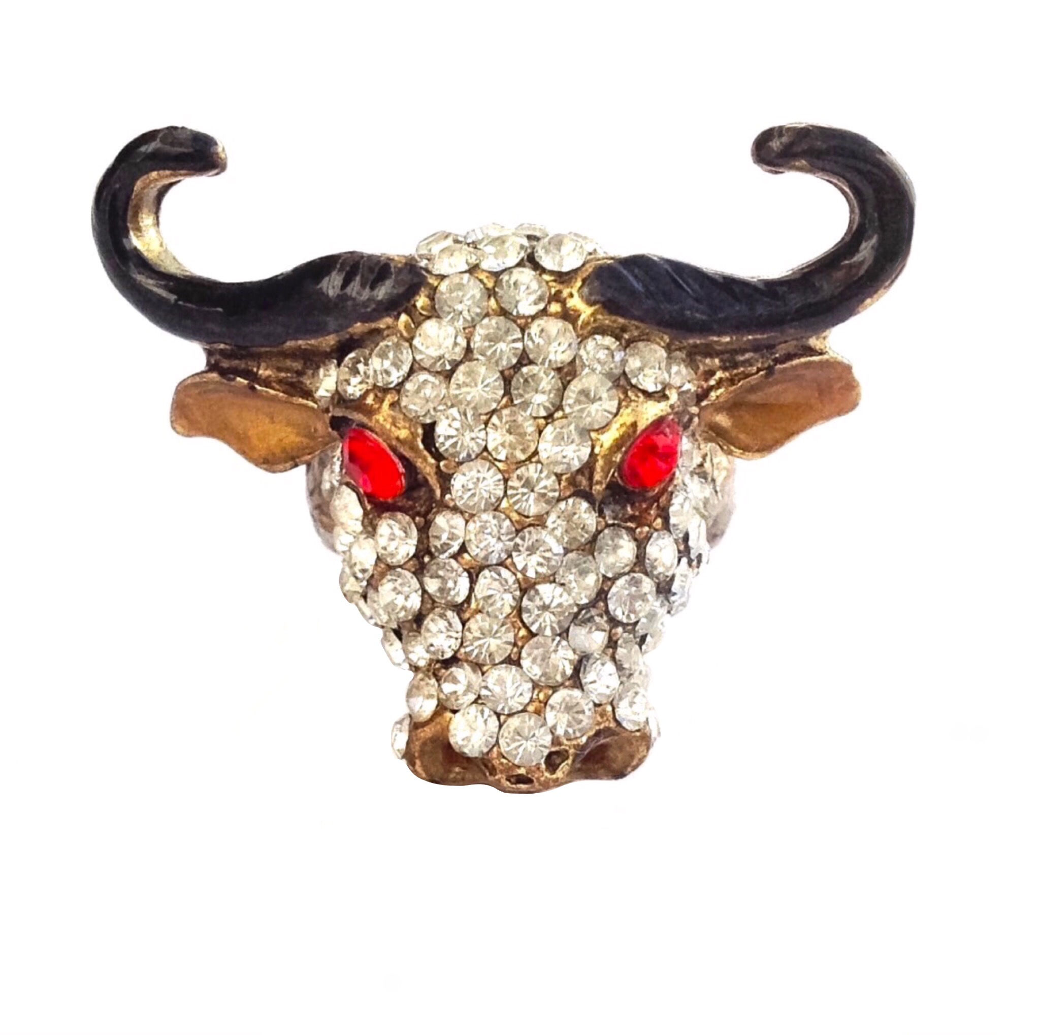 Acheter Grosse Bague Taureau corné strass COLOREES Métal bronze 16mm.