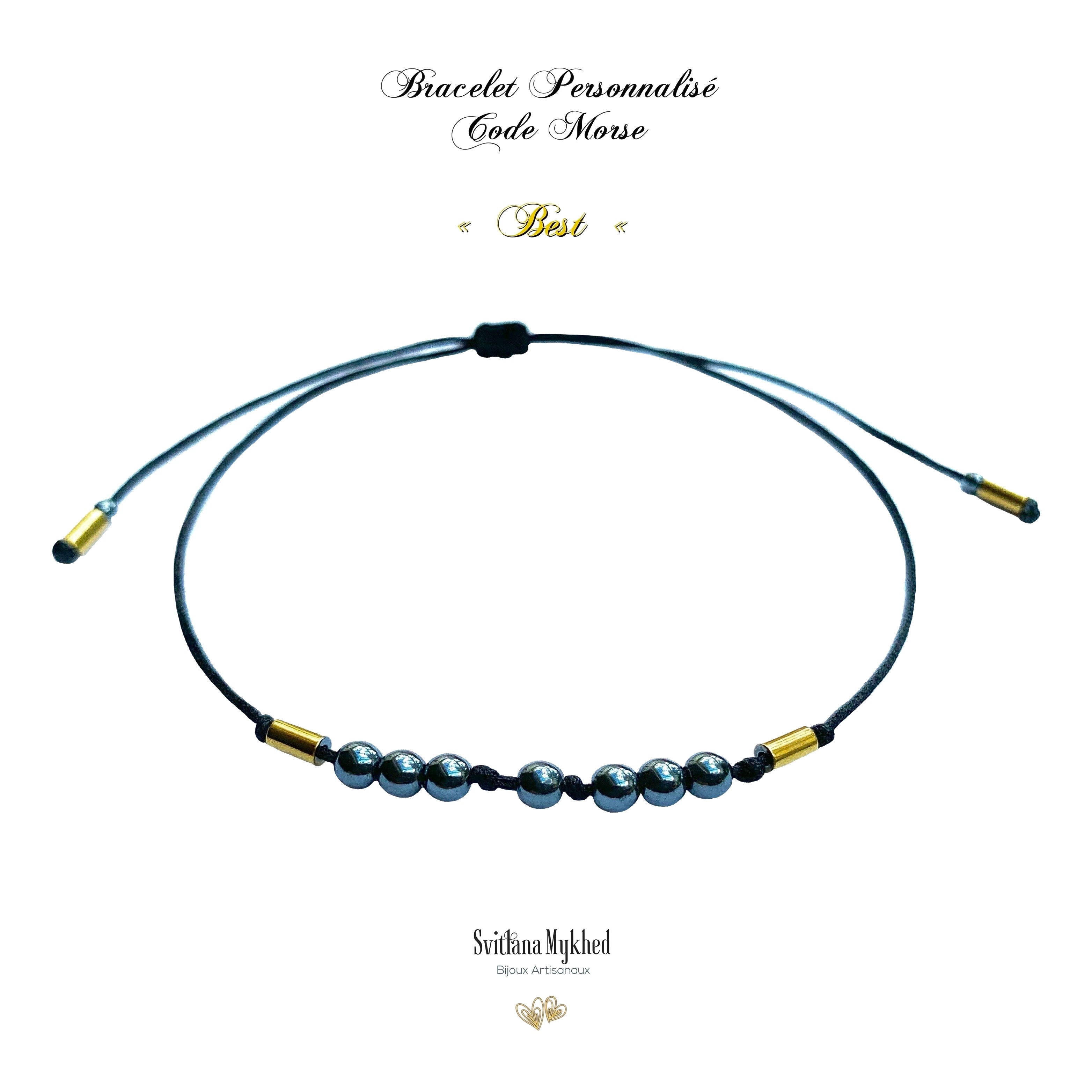 Bracelet BEST personnalisé CODE MORSE Pierre Naturelle Hématite noir réversible ajustable réglable avec prénom, texte, log