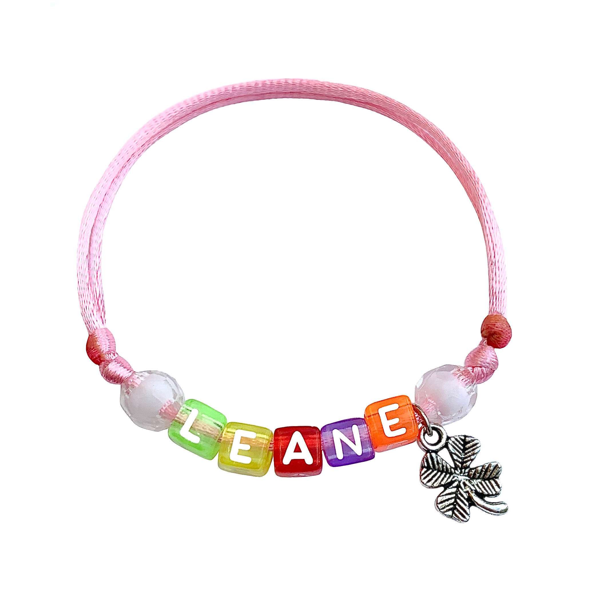 Bracelet personnalisable avec prénom LEANE + pendentif Trèfle lucky