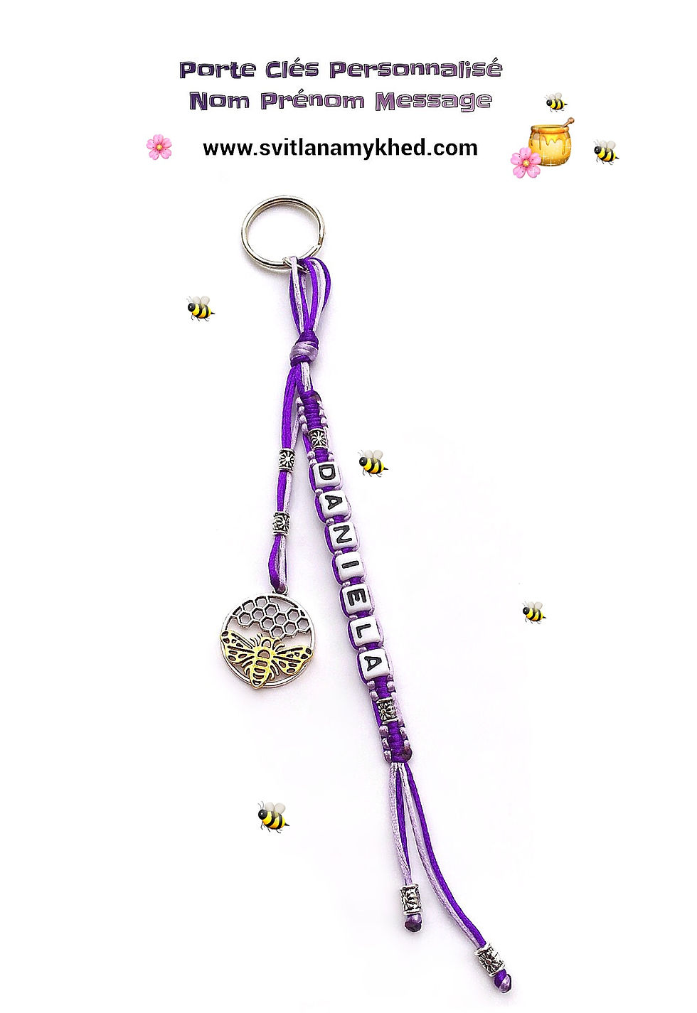 Porte clés bijoux de sac DANIELA ABEILLE MIEL RUCHE personnalisé avec prénom nom message logo texte