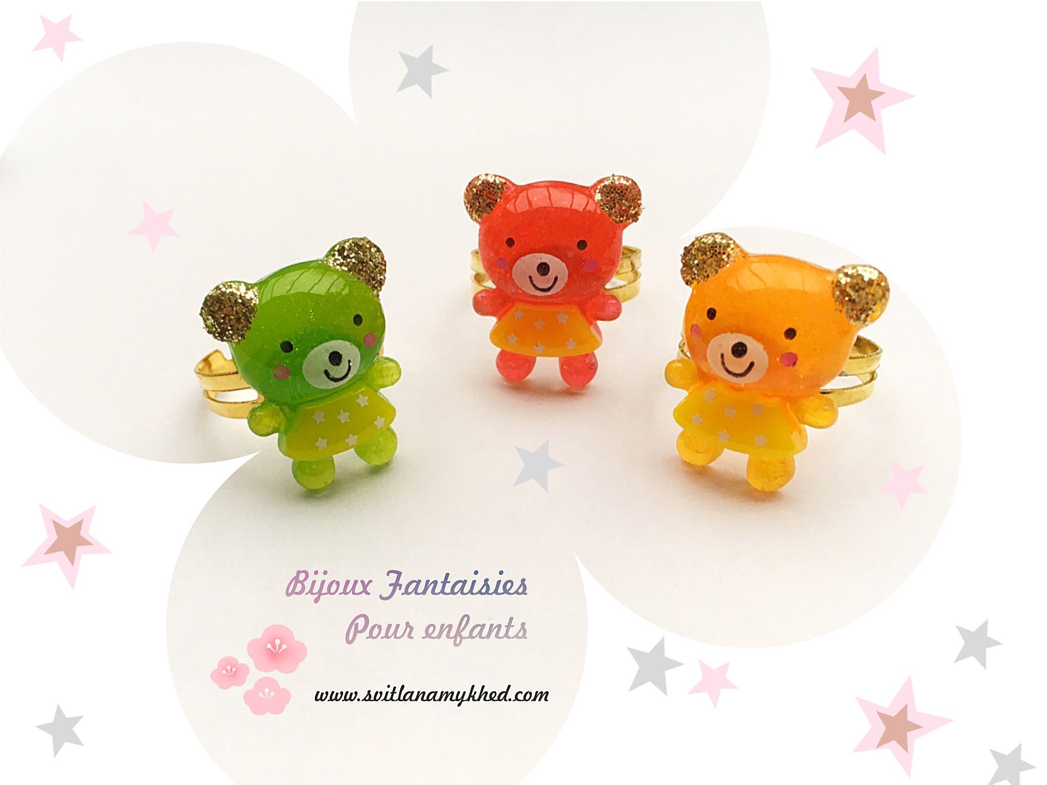 Lot de 3 Bagues Ajustable NOUNOURS : rouge, vert, orange