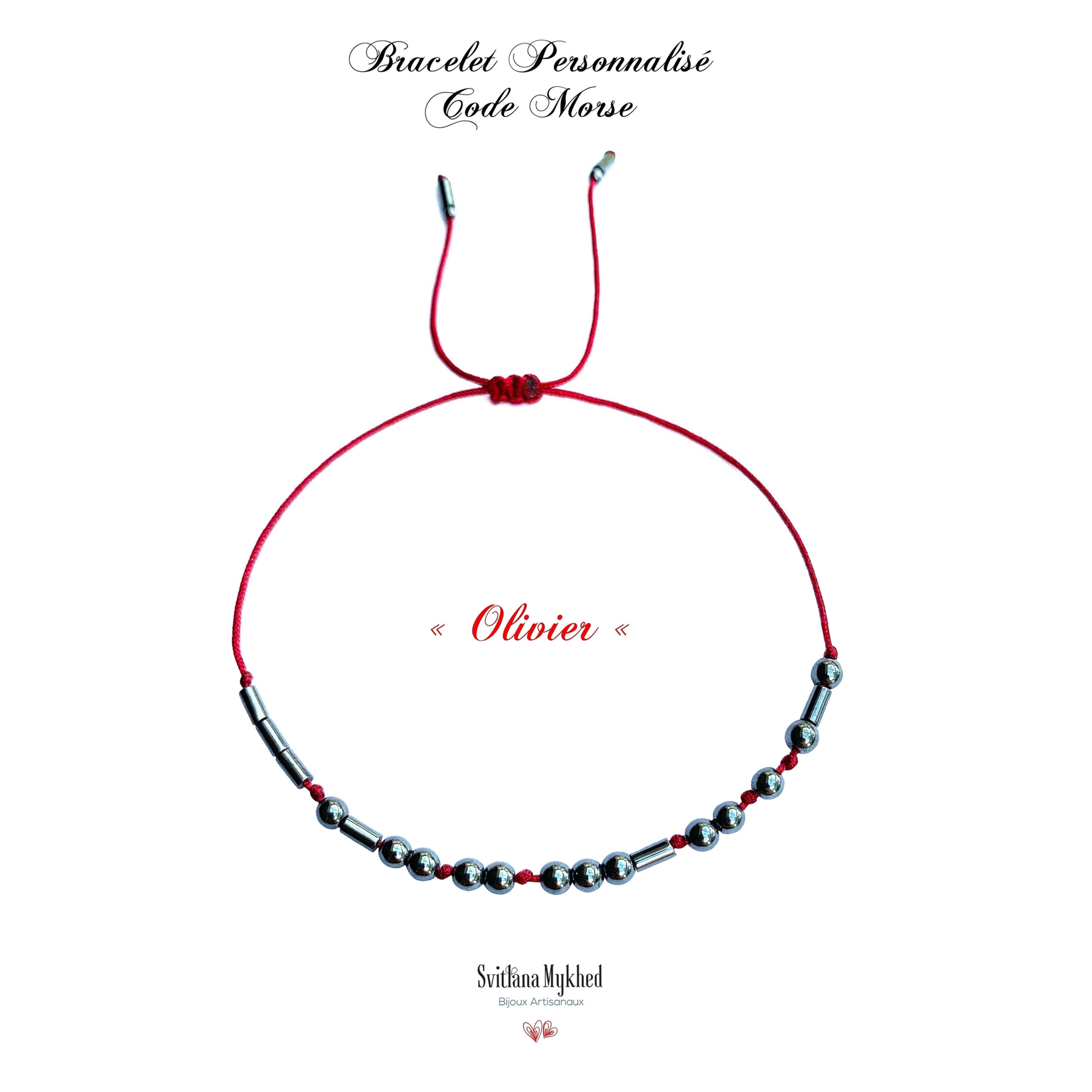 Bracelet OLIVIER personnalisé CODE MORSE Pierre Naturelle Hématite noir réversible ajustable réglable avec prénom, texte, log