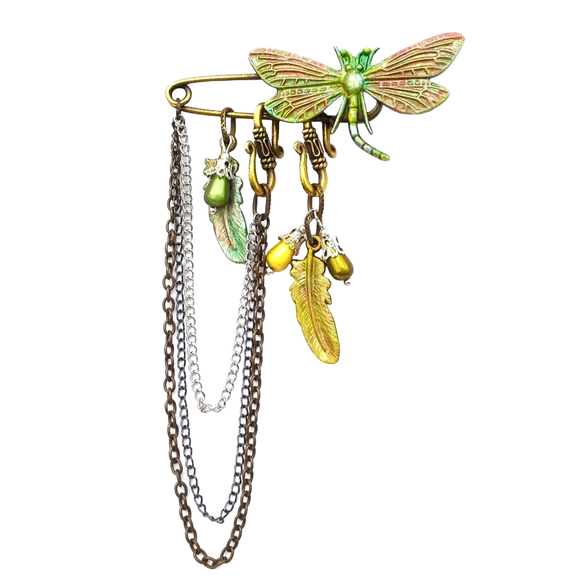Broche pin's fibule Libellule Plumes bronze style rétro avec chaine haute gamme bijoux fantaisie artisanaux