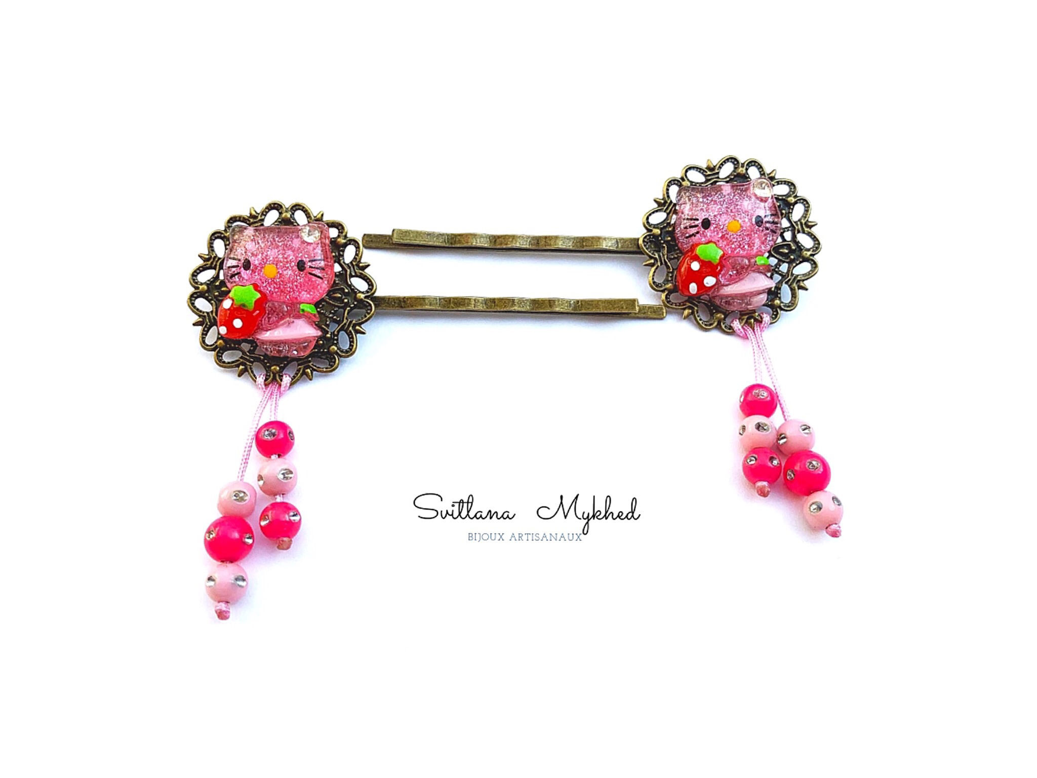 2 barrettes à cheveux pour petites filles CHATON rose métal bronze (filigranes)