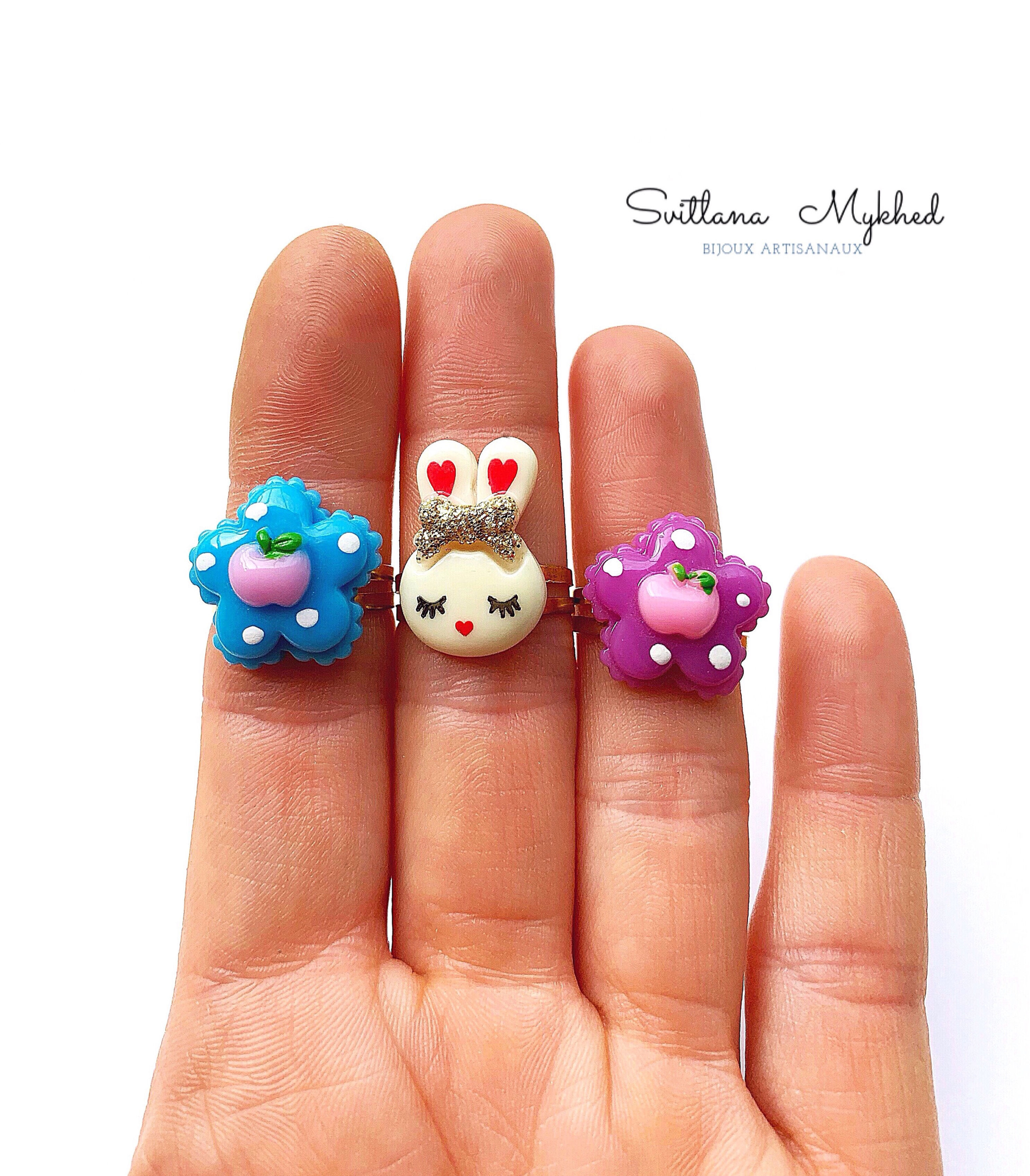 Lot de 3 Bagues Ajustable TARTE AUX POMMES. LAPINS : bleu, blanc, violet