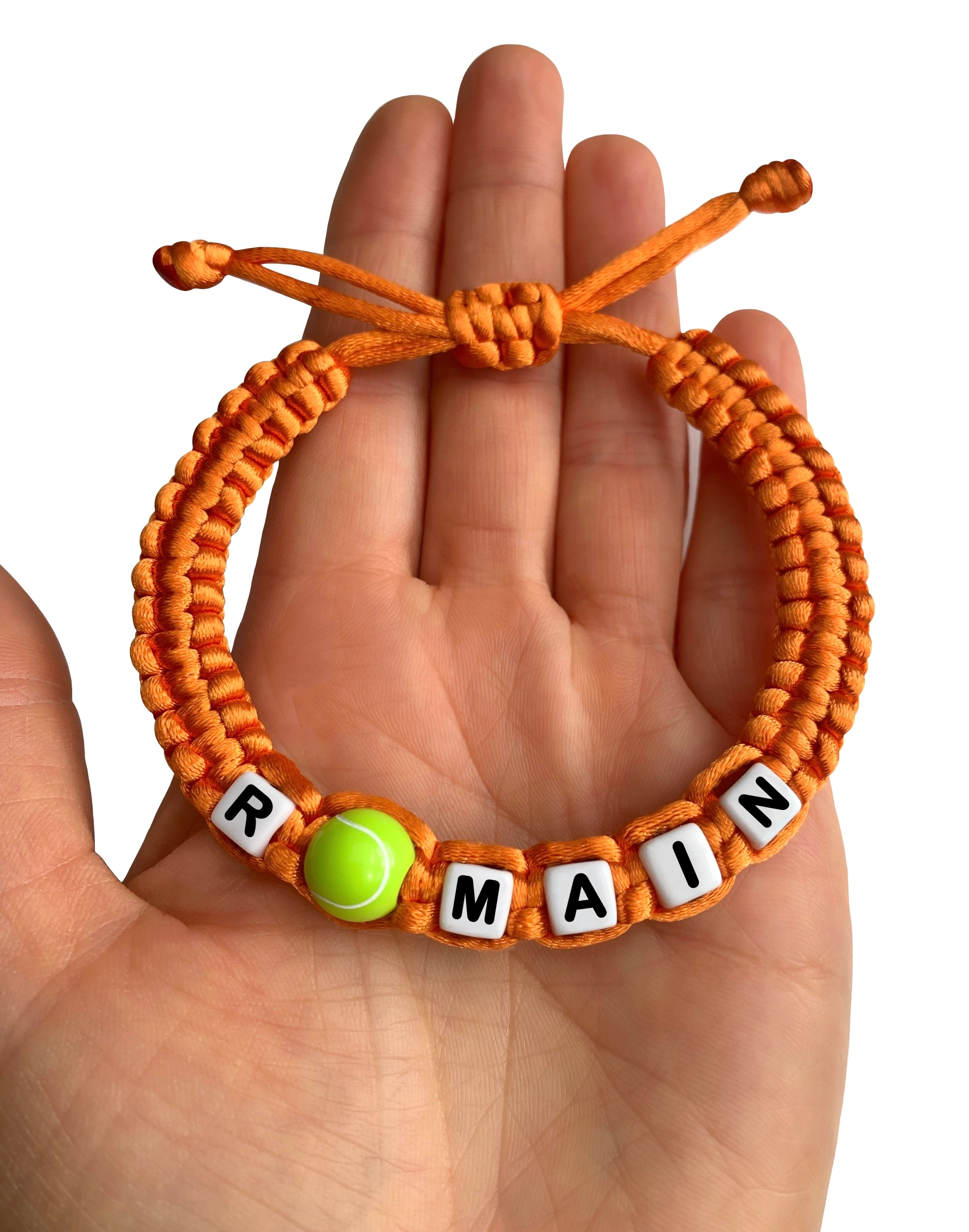 Bracelet personnalisé ROMAIN BALLE de TENNIS SPORT tressé avec prénom texte message