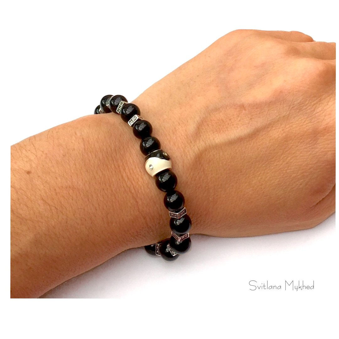 Bracelet en Pierre Naturelle Onyx Agate Yin et Yang ; bijoux méditation zen