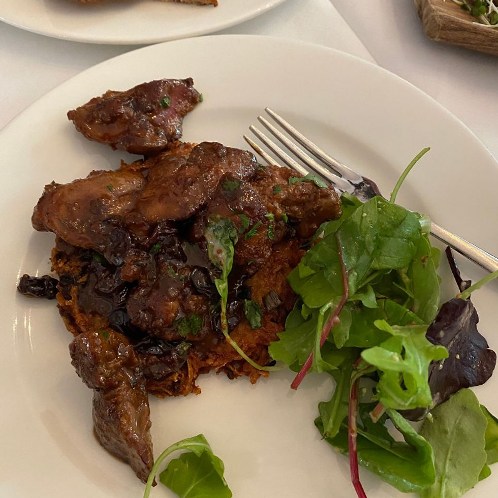 Ognisko Restaurant Classy Polish Dining South Kensington London Traditional Vodka Outdoor Alfresco Garden View Placki Spiced Chicken Livers Dried Cherries