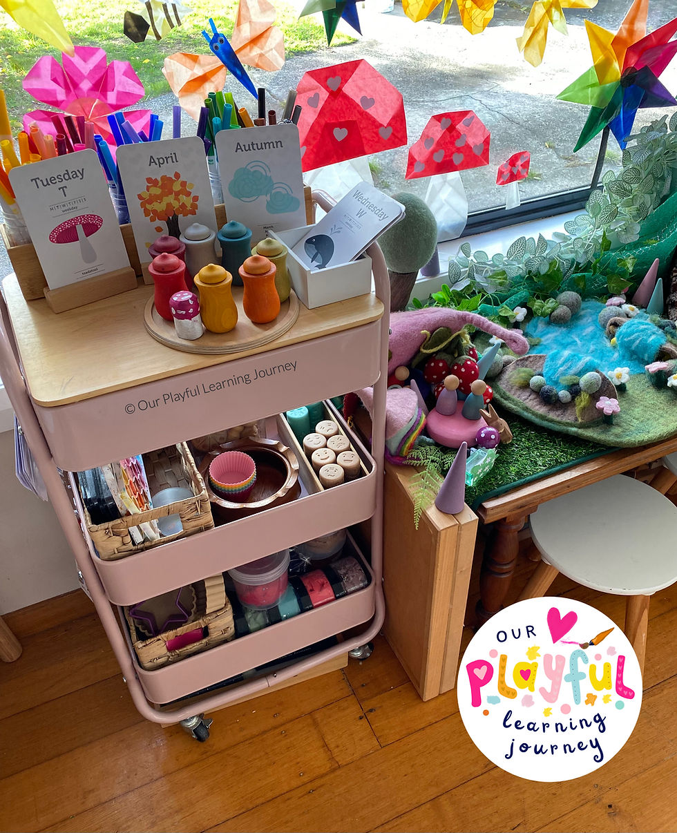 kids small world table and art trolley at home. Kids play space with a small world table with a felt mat and grapat nine