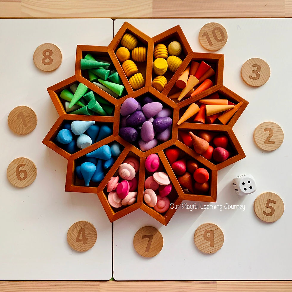Tray of rainbow mandala pieces, with number discs set around as an invitation to explore numbers