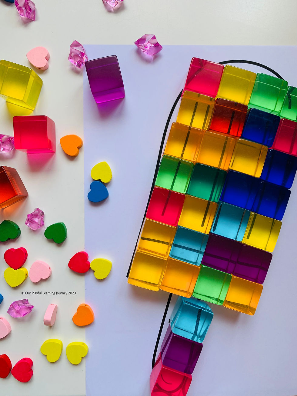 Printable summer themed mindful play mats for kids using loose parts- lucite cubes.
