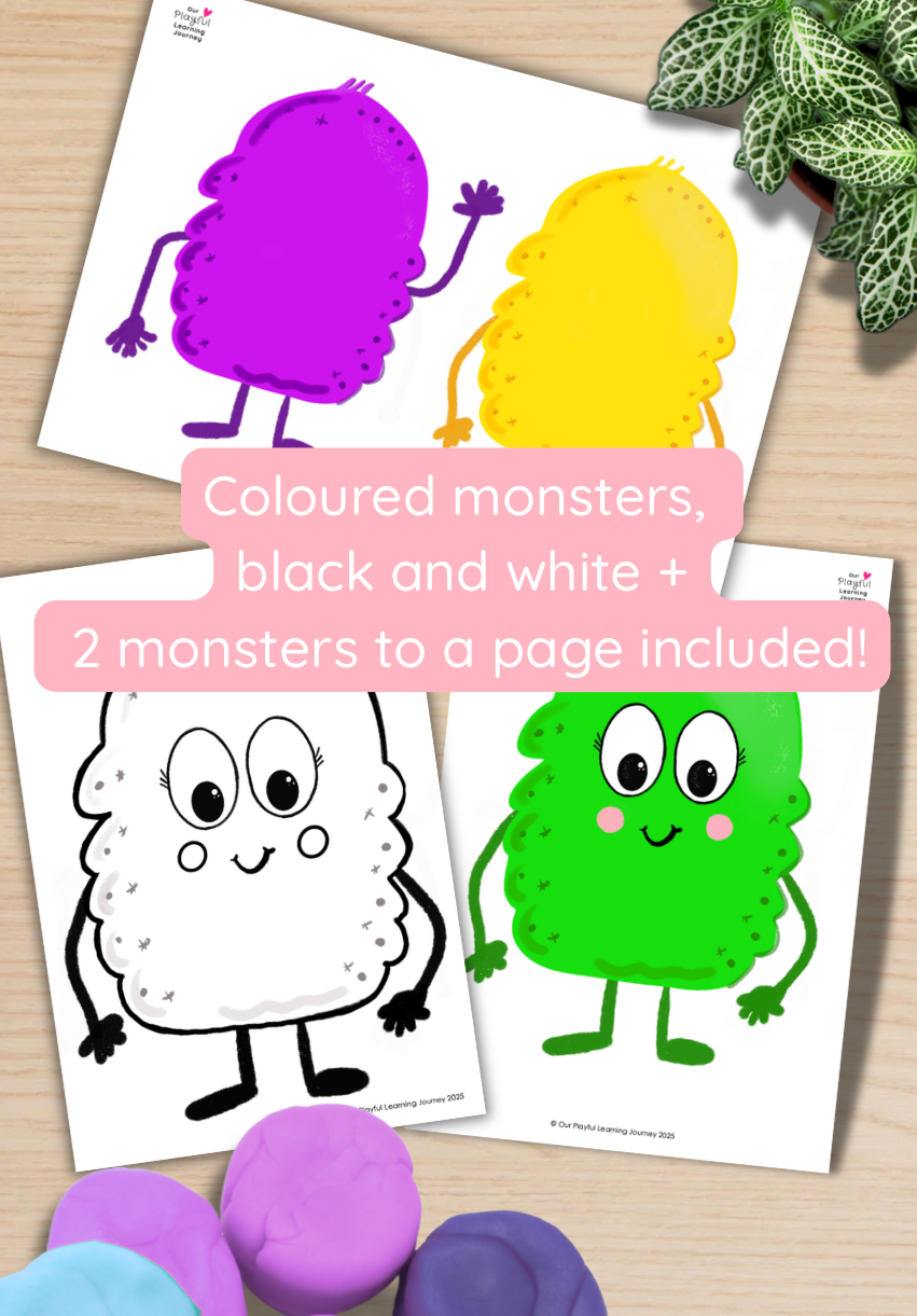 Thumbnail: cute monster themed loose parts play printable mats + mindfulness printable for kids + printable monster playdough mats
