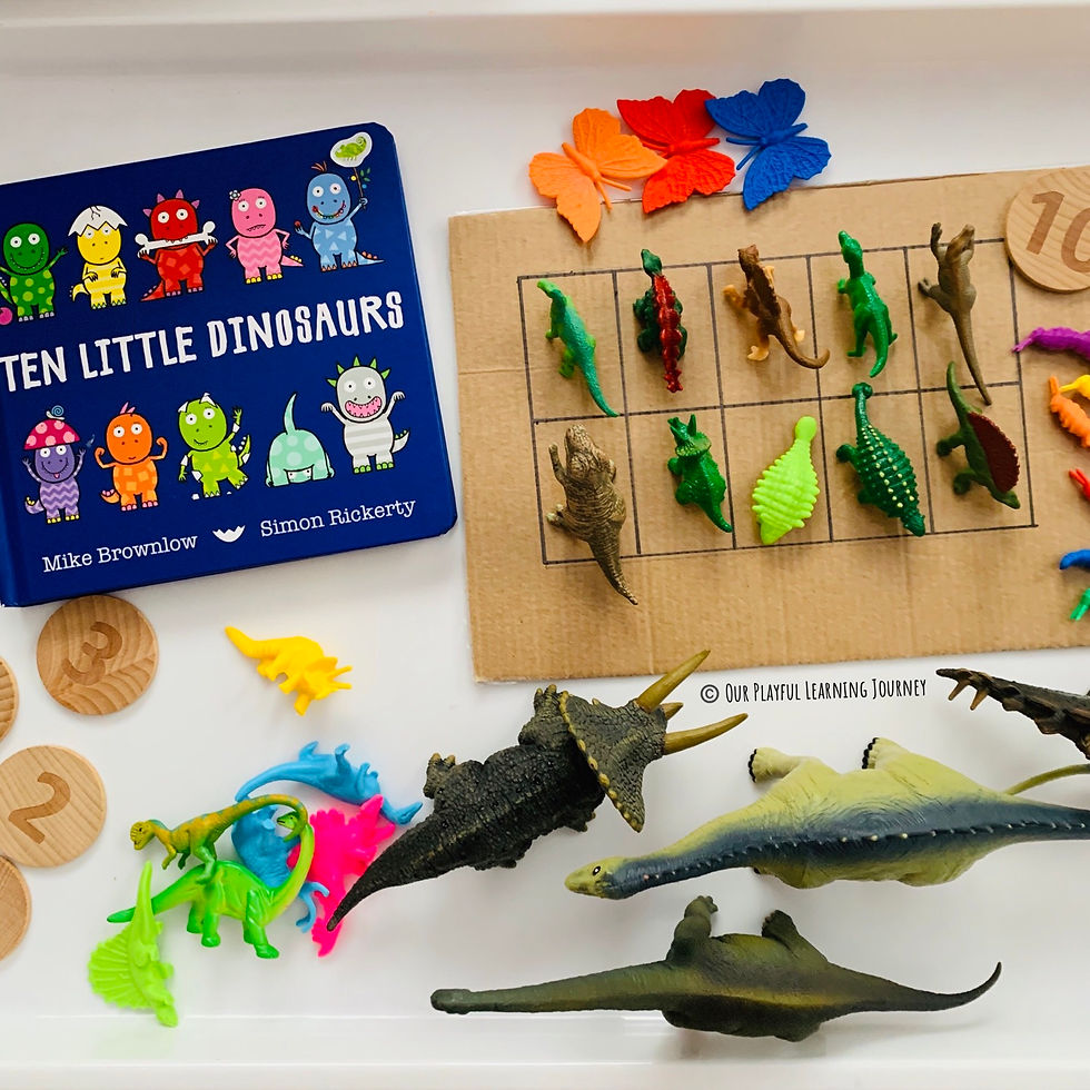 Photo of a dinosaur book, a tens frame and some little dinosaur figurines