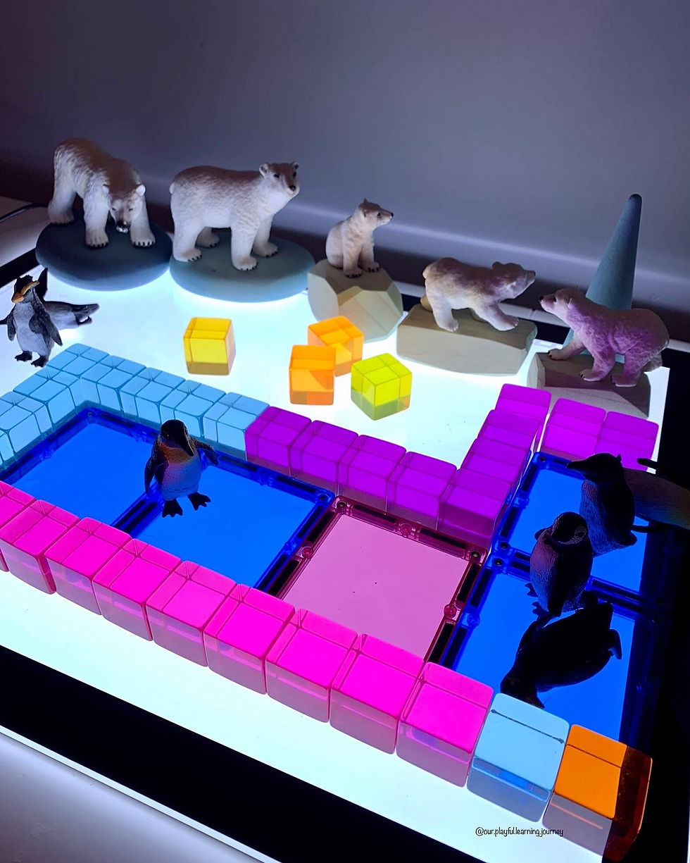 Small world play on the light panel for kids.