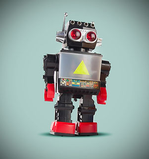 Black robot on blue background
