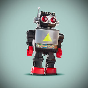 Black robot on blue background