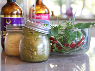 food in jars and nutritional supplements on a kitchen counter