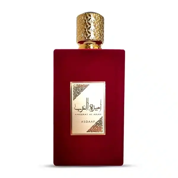 Parfum Oriental DUBAI AMEERAT AL ARAB Rouge  ASDAFF  logée dans un luxueux flacon en daim rouge bordeaux. raisin, musc, jas