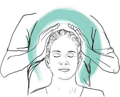 Bio Energy Healing illustration of two hands around a persons head with a light blue paint stroke effect.