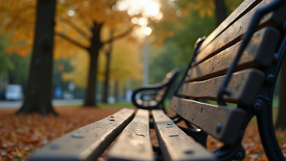 Eye-level view of a quiet park bench surrounded by trees