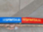 A close-up of a city sidewalk curb painted with two distinct zones: blue on the left and red on the right. Both sections are stenciled with the SFMTA (San Francisco Municipal Transportation Agency) logo in contrasting colors. Tactile paving and fallen leaves are visible on the concrete sidewalk above the curb.