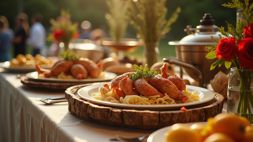 High angle view of a beautifully decorated buffet table with a variety of dishes