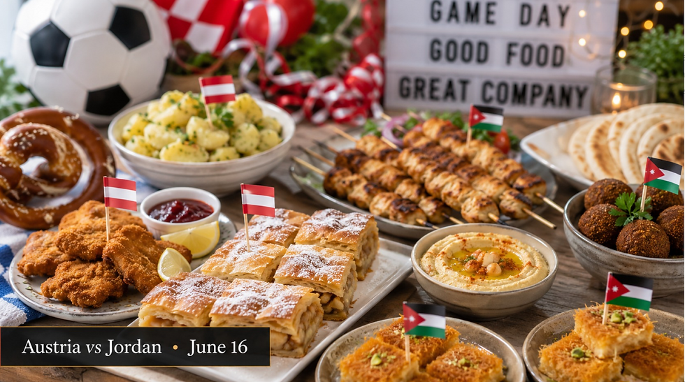 Austria and Jordan themed World Cup party food spread with schnitzel bites, pretzels, apple strudel, hummus, falafel, shawarma, and knafeh.
