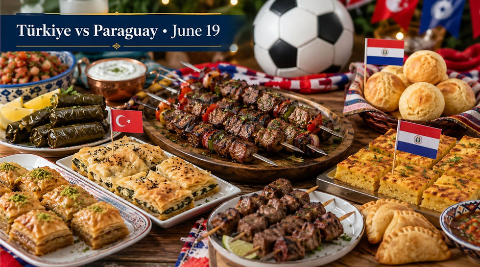 Türkiye and Paraguay themed World Cup party food spread with kebabs, borek, stuffed grape leaves, baklava, chipa, sopa paraguaya, and empanadas.
