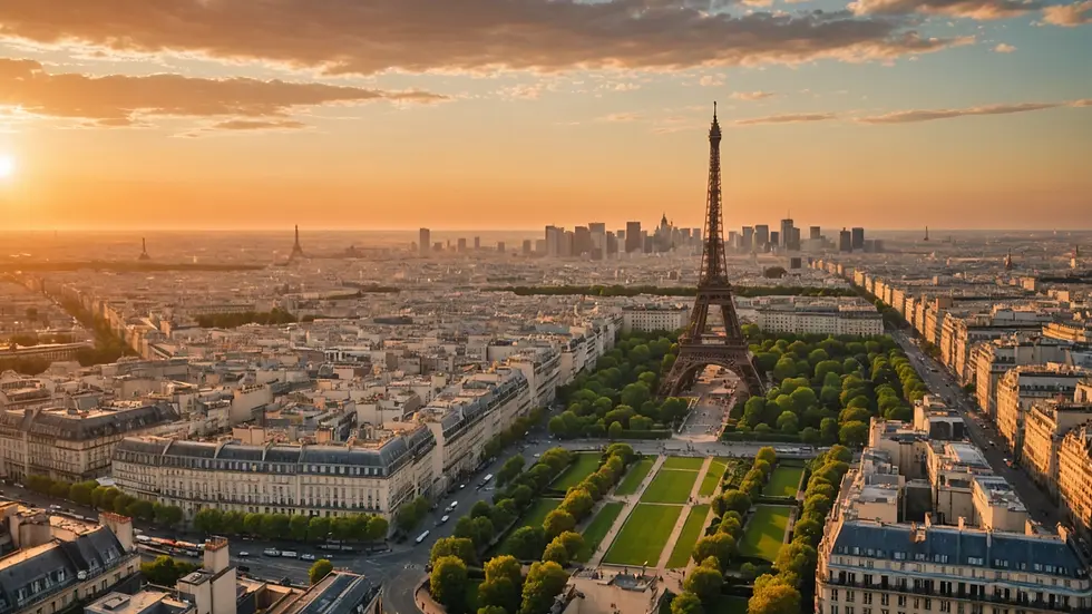 High angle view of the Eiffel Tower illuminated at sunset