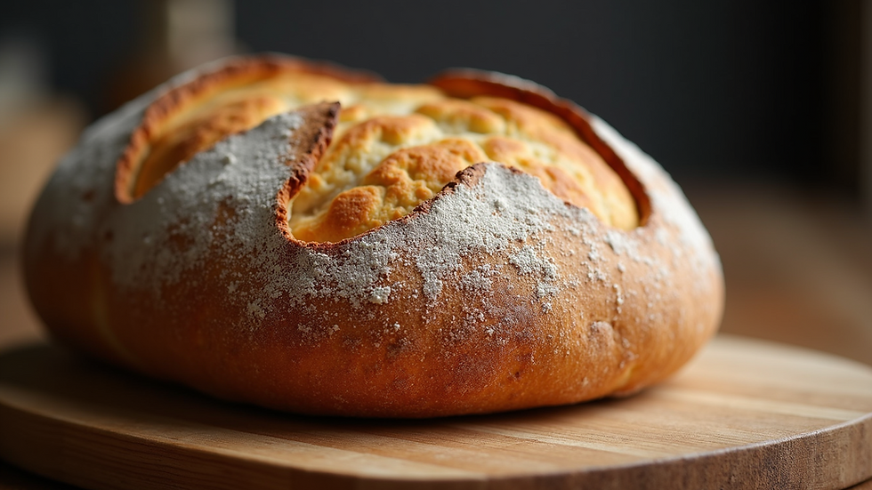Close-up view of a golden crust sourdough loaf on a wooden board