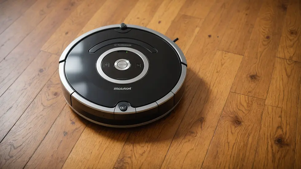 Close-up view of a robot vacuum on a hardwood floor