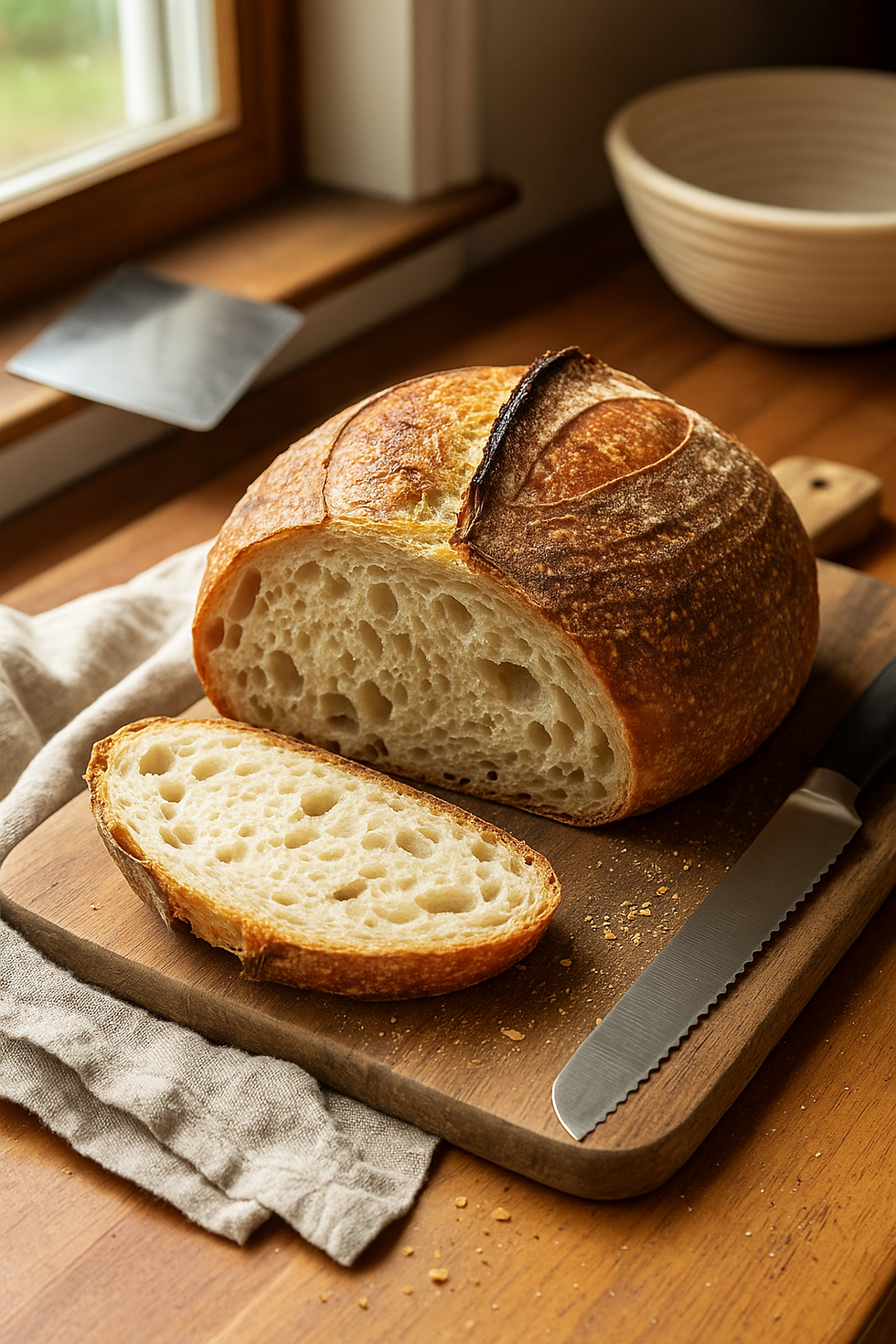 Freshly baked artisan sourdough loaf on a rustic wooden board, surrounded by natural light in a cozy kitchen setting.