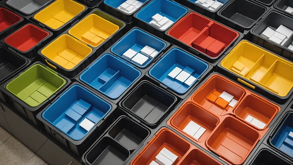 High angle view of neatly organized office storage bins