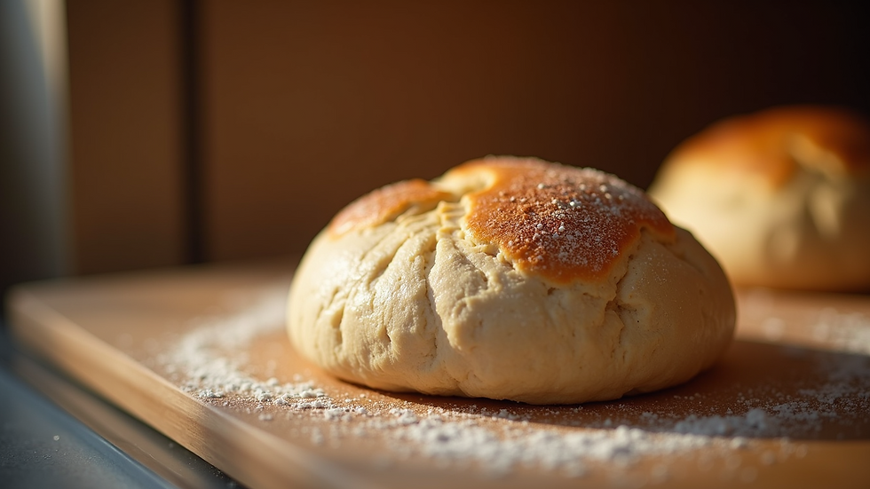 Eye-level view of a dough rising in a warm kitchen corner