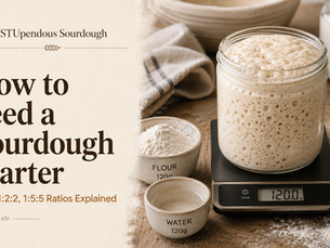 STUpendous Sourdough starter feeding ratios with an active starter jar flour water and a kitchen scale