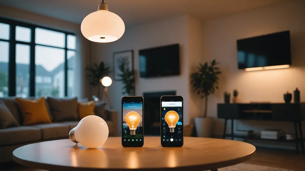 Eye-level view of smart bulbs in a living room setting