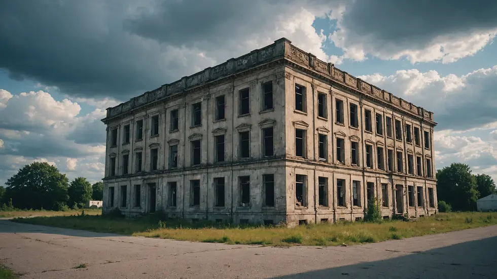 Close-up view of an abandoned building under a cloudy sky