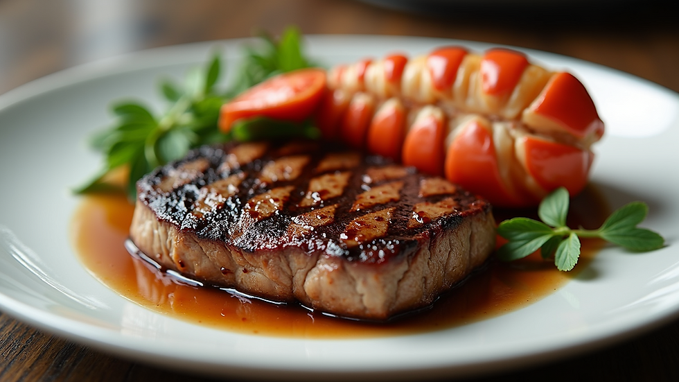 Close-up view of a perfectly grilled steak and lobster tail on a white plate