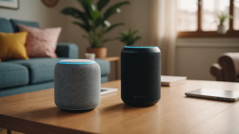 Eye-level view of a smart speaker on a decorated table