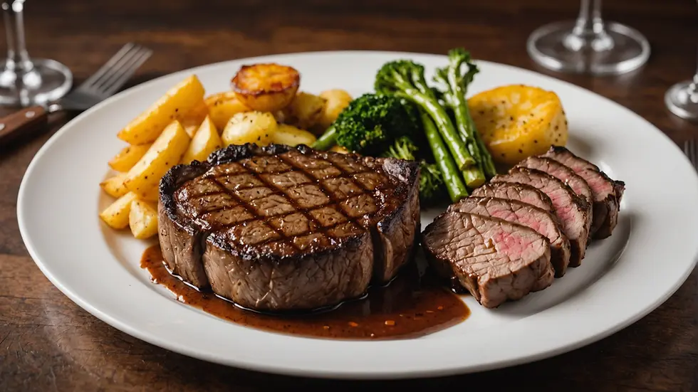 A beautifully plated ribeye steak with sides
