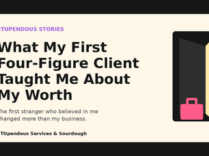 Editorial graphic reading What My First Four-Figure Client Taught Me About My Worth beside an open doorway and pink toolbox.